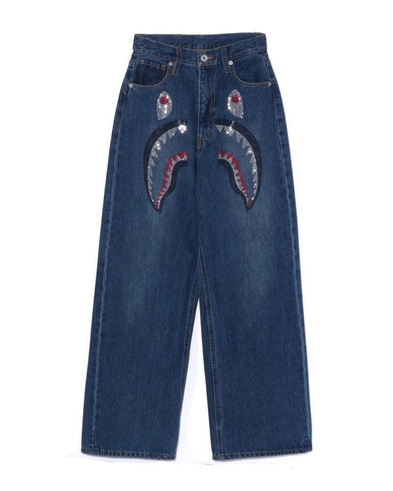 Pantalon Bape Crystal Stone Shark High Taille Denim Bleu Femme | JMM-45343543